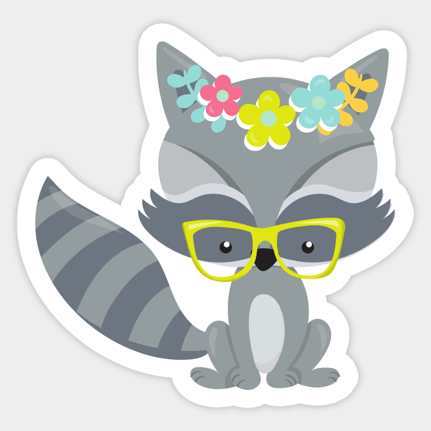 Hipster Raccoon, Raccoon With Glasses, Flowers Sticker by Jelena Dunčević